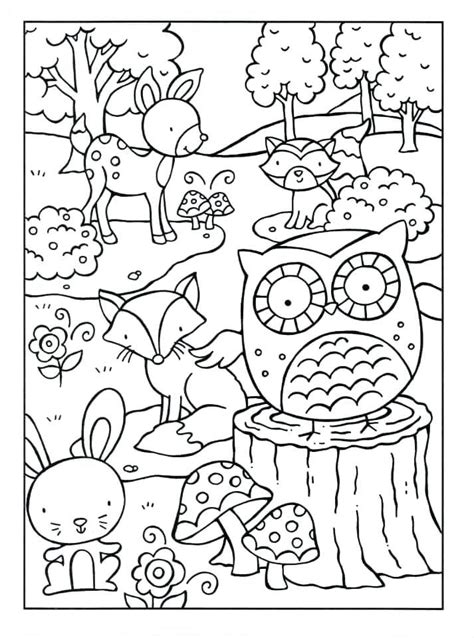 Forest animals coloring page with bears and rabbits