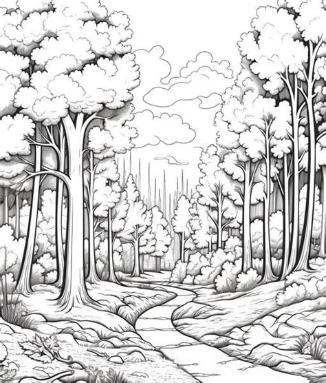 Forest coloring pages with trees and animals