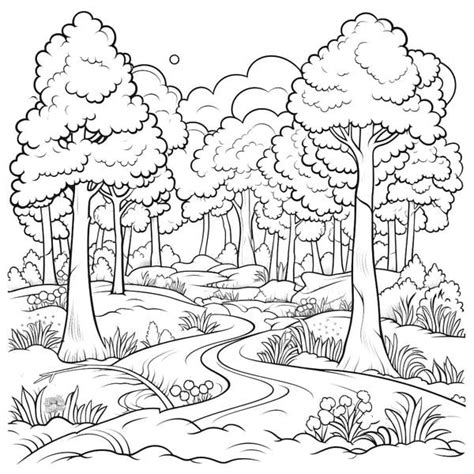 Forest landscape coloring page with trees and hills