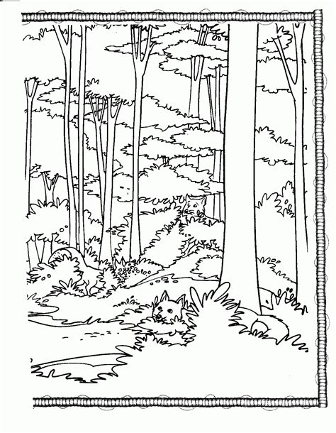 Forest scene coloring page with trees and hills