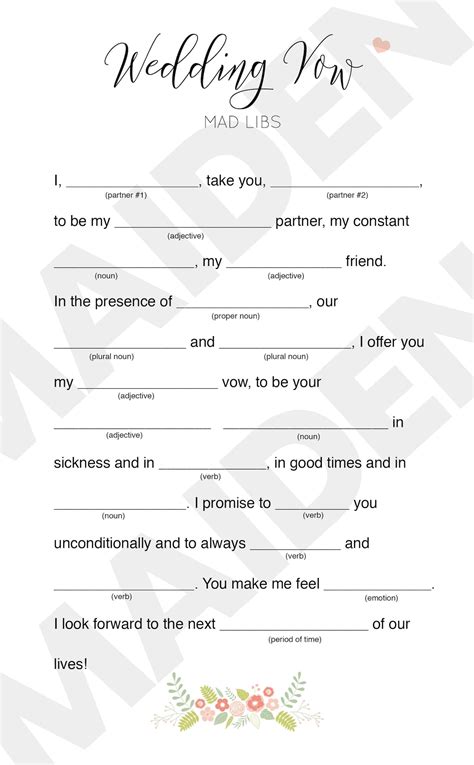 Forever Home Wedding Vows Mad Libs Free Printables