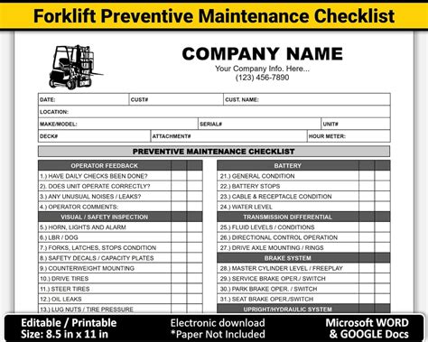 Forklift Checklist Templates in Excel