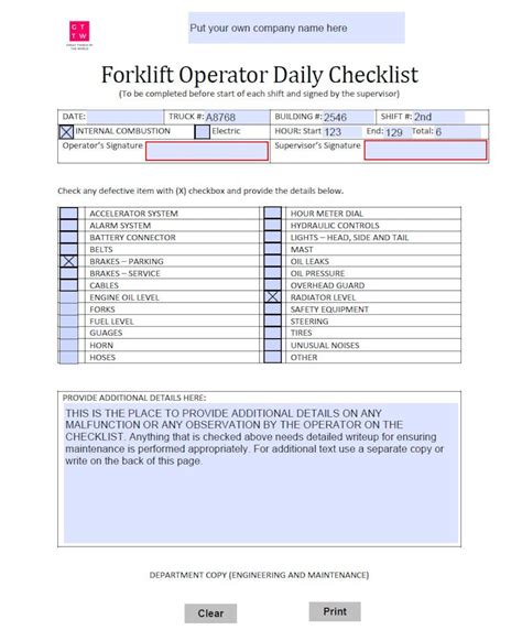 Forklift Operation Checklist in Excel