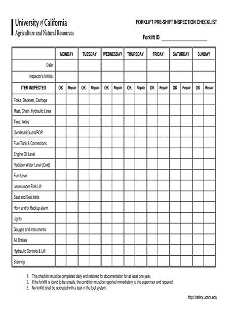 Forklift Operation Maintenance Checklist in Excel