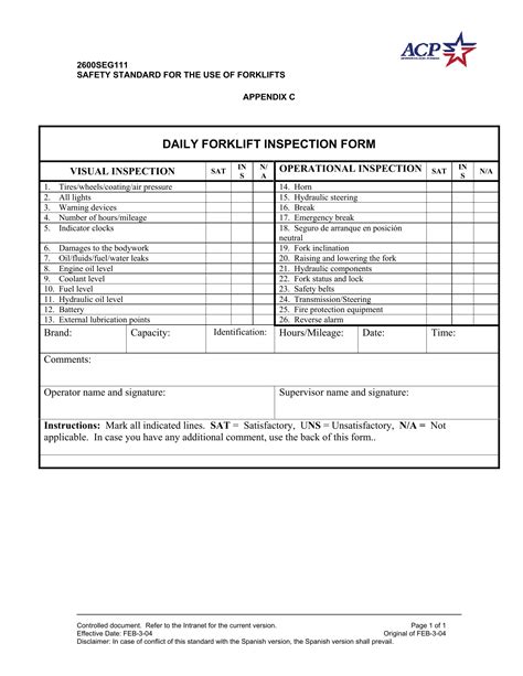 Weekly Forklift Inspection