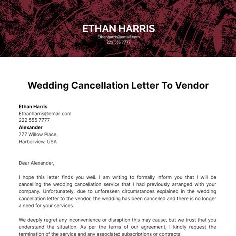 Formal Wedding Cancellation Template