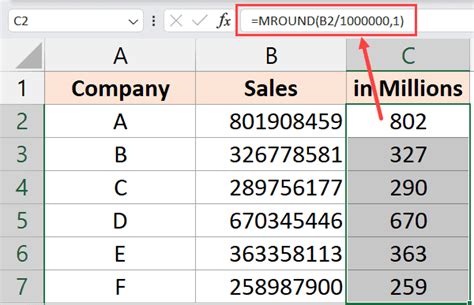 Format numbers to millions in Excel using the DIVIDE function