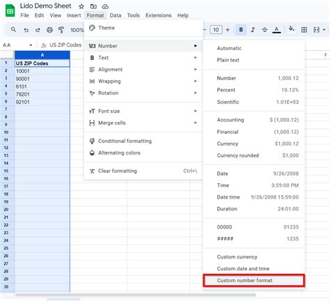 Formatting Zip Codes in Google Sheets