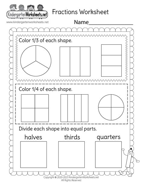 Fraction worksheets for kindergarten