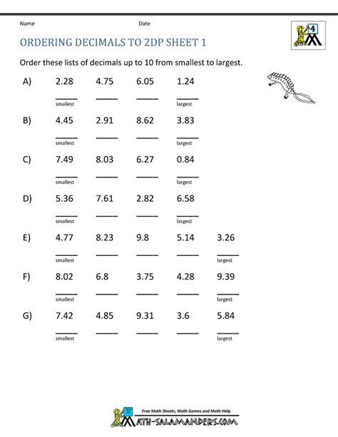 Free 4th Grade Math Worksheets Decimals