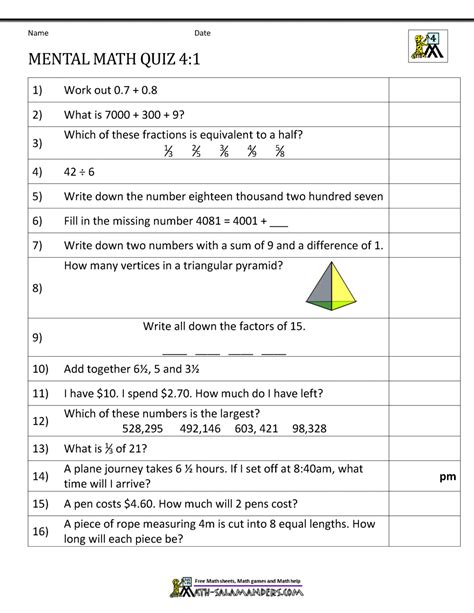 Free 4th Grade Math Worksheets Mental Math