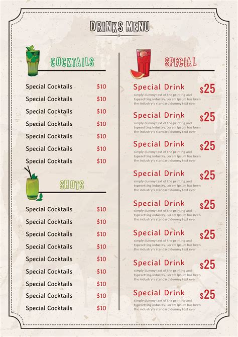 Free bar drink menu template download