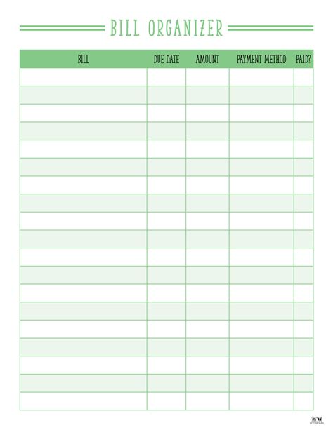 Free Bill Organizer Template