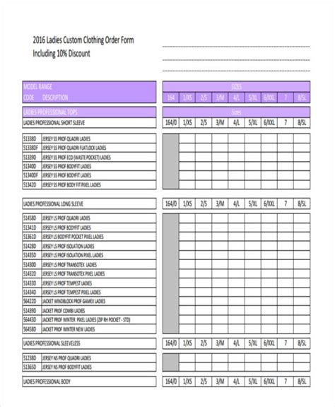 Free clothing order form templates