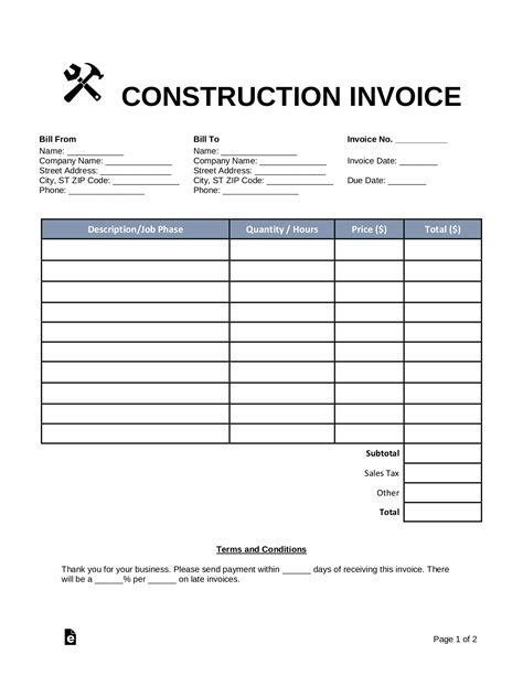 Free Construction Invoice Template PDF