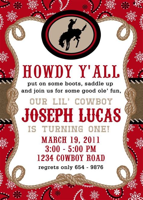 A cowboy-themed party invitation featuring a silhouette of a cowboy on horseback against a sunset backdrop