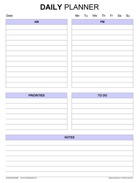 free day planner template word