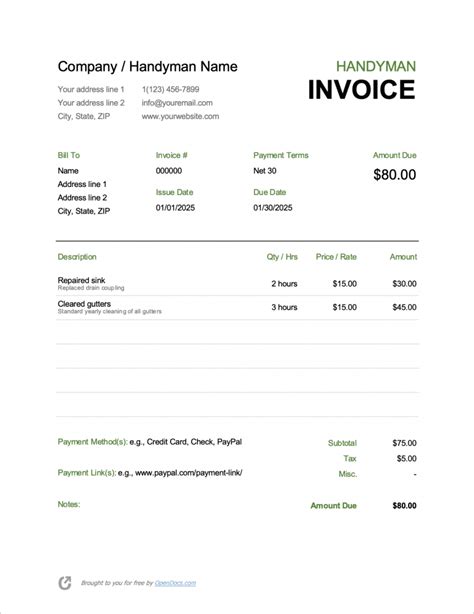 Free Handyman Invoice Template Word