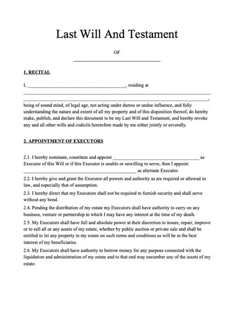 Free Last Will and Testament Template