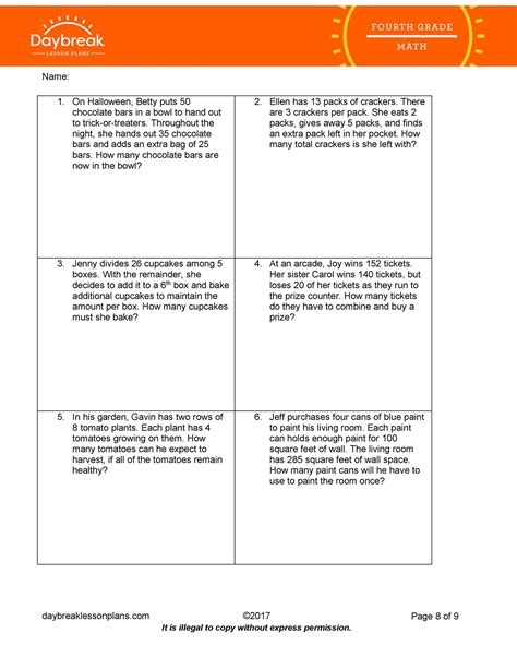 Free Math Worksheets for 4th Grade Word Problems