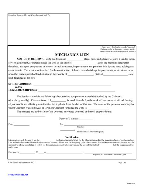 Free Mechanics Lien Form