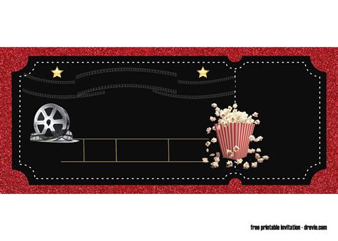 A free movie ticket invitation template with a movie theater and a popcorn bucket