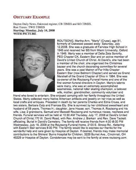 Free obituary template example