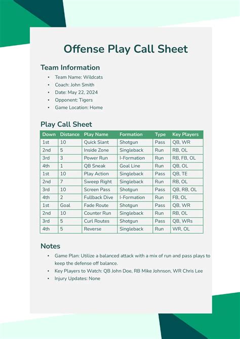 Free Football Play Call Sheet Template Download