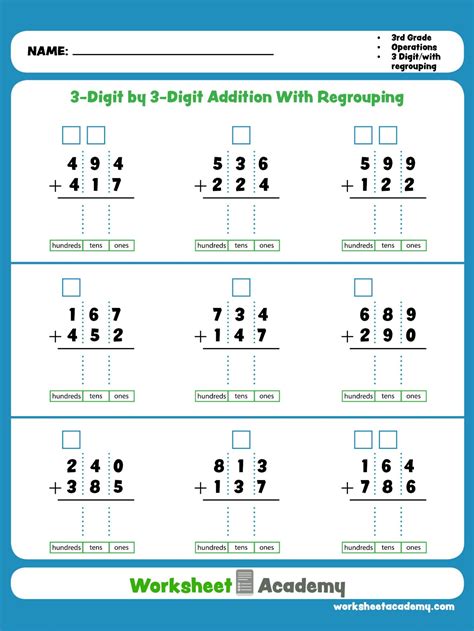 Free printable 3-digit addition with regrouping worksheets for kids