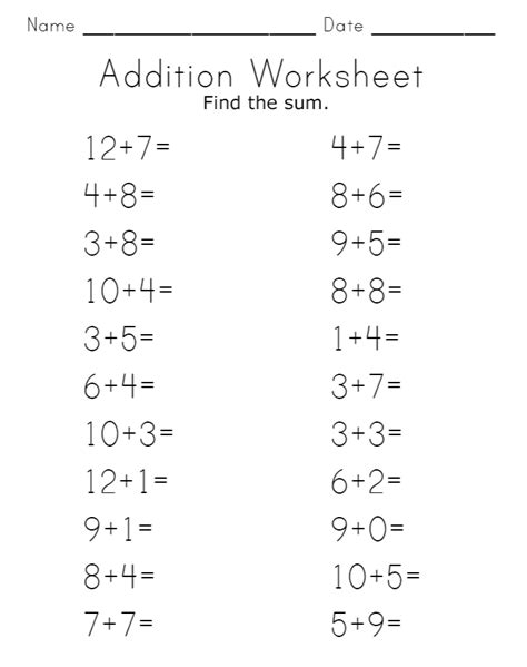 Image of a free printable addition worksheet for kids