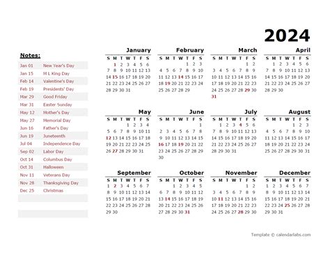 Free Printable Calendar 2024 with US Holidays