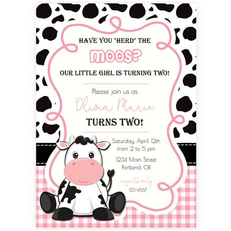 A cow-themed invitation with a green background and colorful fonts