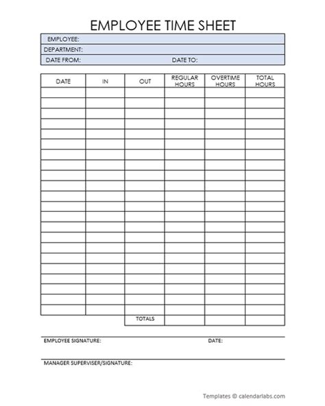 Free printable employee timesheet templates example