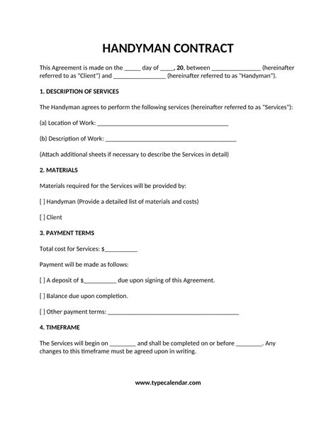 Free Printable Handyman Contract Template