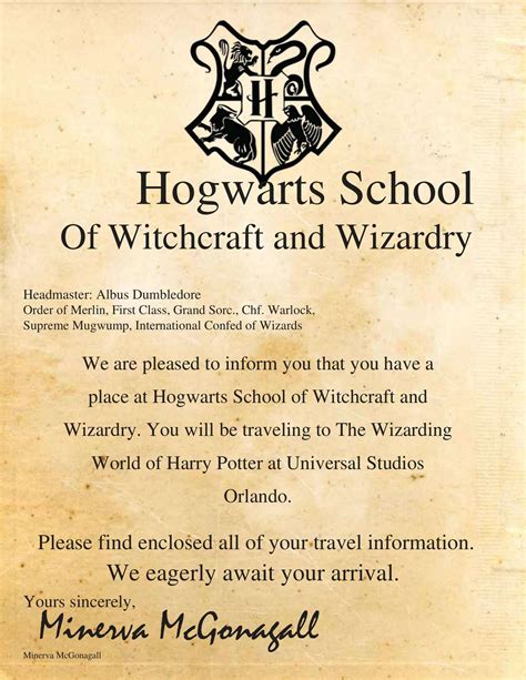 Free Printable Hogwarts Acceptance Letter