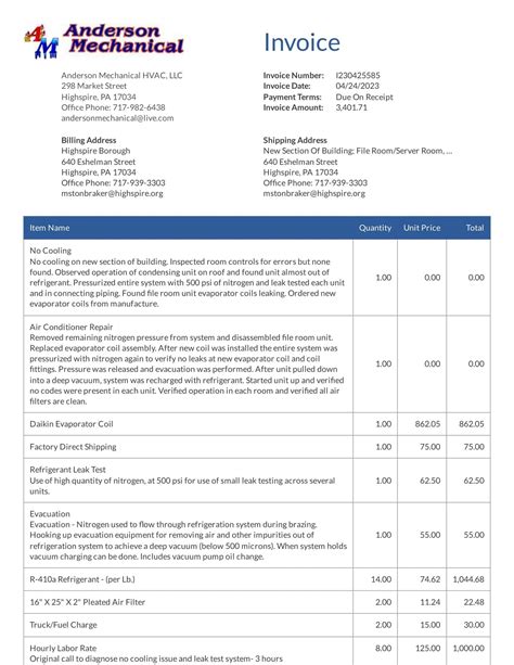 Free Printable HVAC Invoice Template Key Features