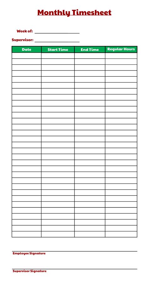 Free Printable Monthly Timesheet Template