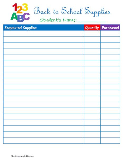 Free Printable Supply List Template