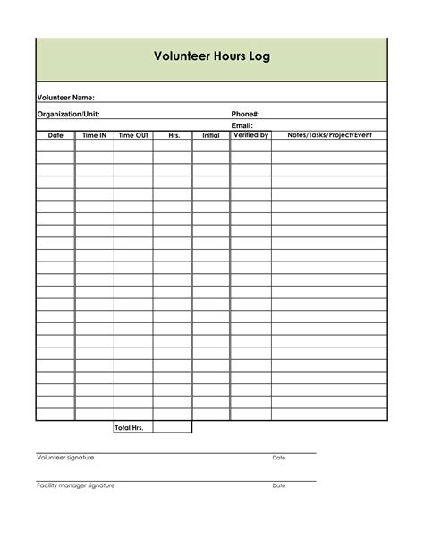 Free Printable Volunteer Hours Log Sheet Template