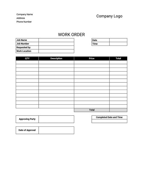 Example of a Free Printable Work Order Template