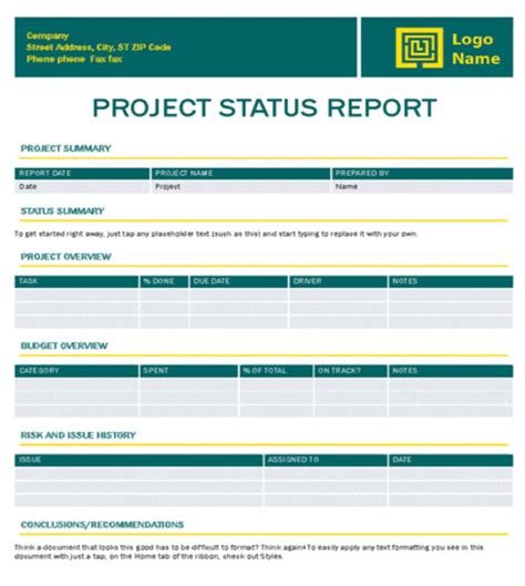 Free Project Progress Report Template