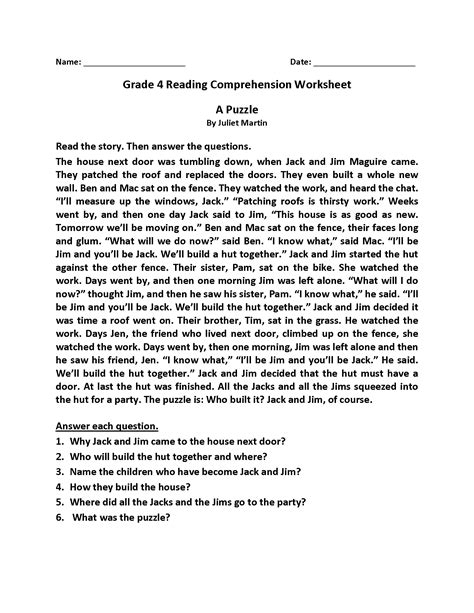 Free Reading Comprehension Worksheets 4th Grade