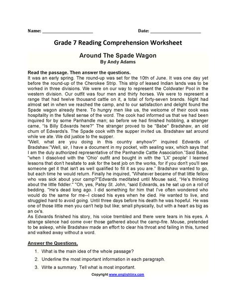 Free Reading Worksheets for 7th Graders