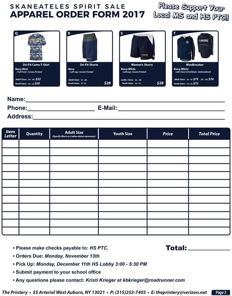 Free Spirit Wear Order Form Template