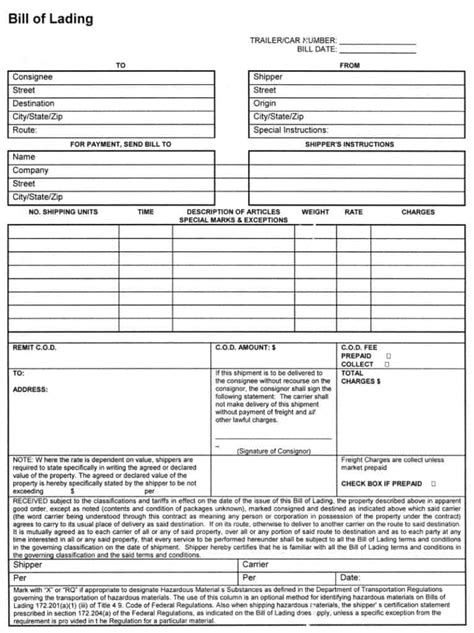 Free Straight Bill of Lading Template Excel