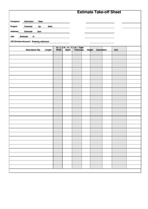 Free Takeoff Sheet Template