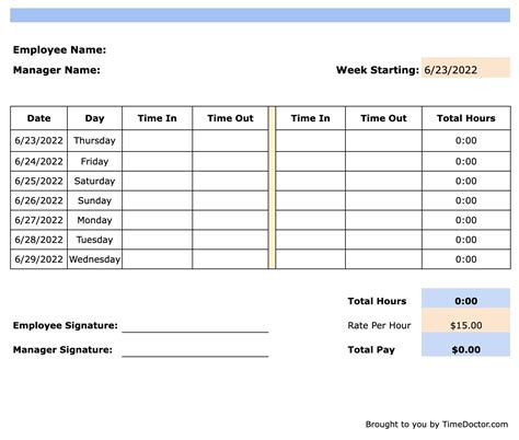 Free Weekly Timesheet Template