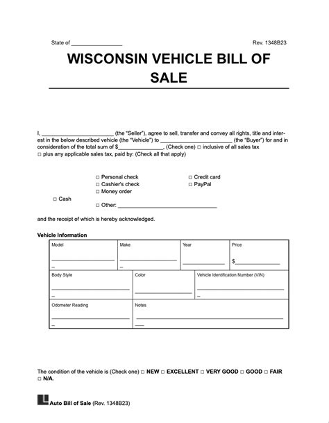 Free Wisconsin Vehicle Bill of Sale Template