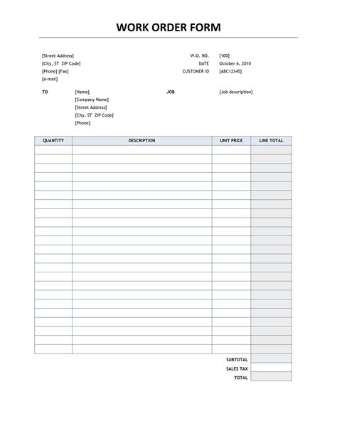 Free Work Order Template Example