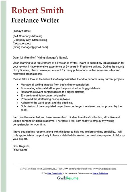 Freelance cover letter example